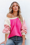 Rose Colorblock Long Sleeve Pullover Fleece Sweatshirt-Tops-MomFashion