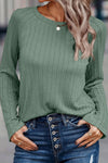 Green Ribbed Round Neck Knit Long Sleeve Top-Tops-MomFashion