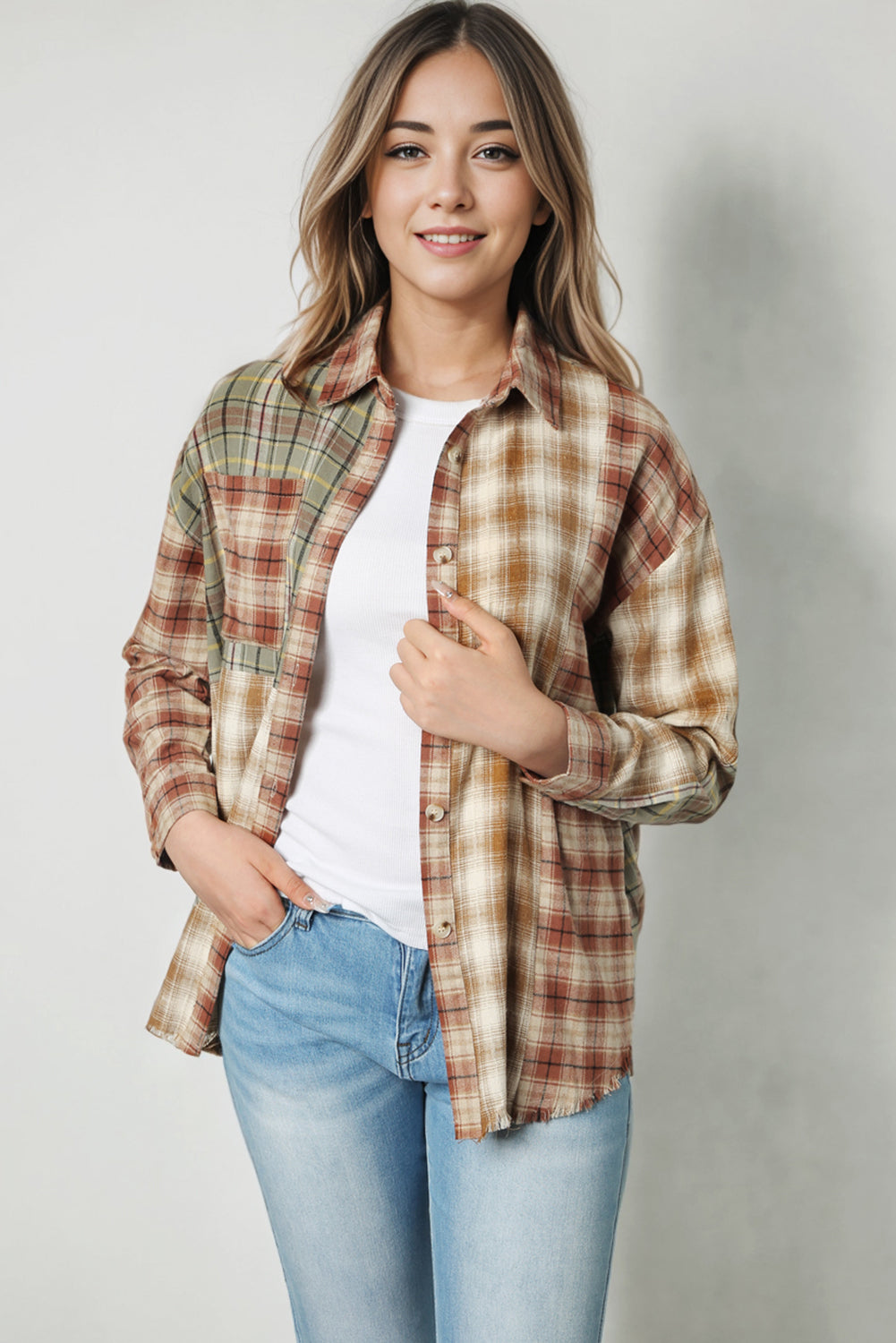 Brown Multi Plaid Patchwork Raw Edge Casual Shirt-Tops-MomFashion