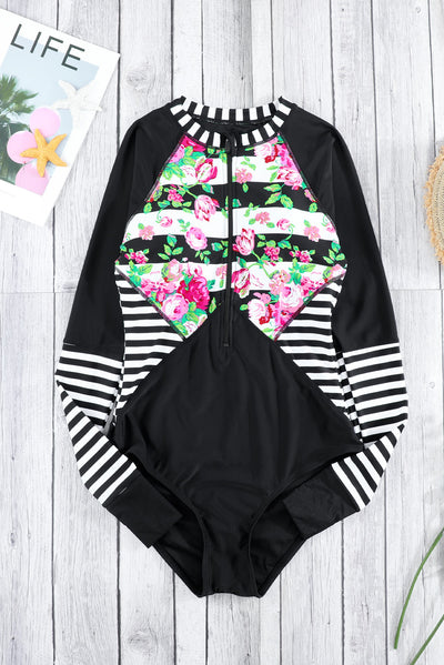 Floral Striped Patchwork Rashguard One-piece Swimsuit-Swimwear-MomFashion