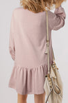 Dusty Pink Solid Color Puff Sleeve Ruffle Hem Mini Dress-Dresses-MomFashion