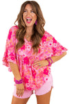 Rose Floral Print Ruffled Half Sleeve Plus Size Babydoll Blouse-Plus Size-MomFashion