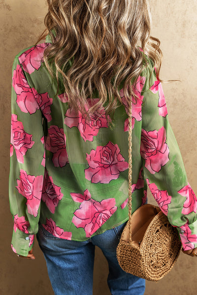 Green Floral Print Pleated Detail Puff Sleeve Shirt-Tops-MomFashion