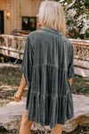 Dark Grey 3/4 Sleeve Tunic Babydoll Velvet Shirt-Tops-MomFashion