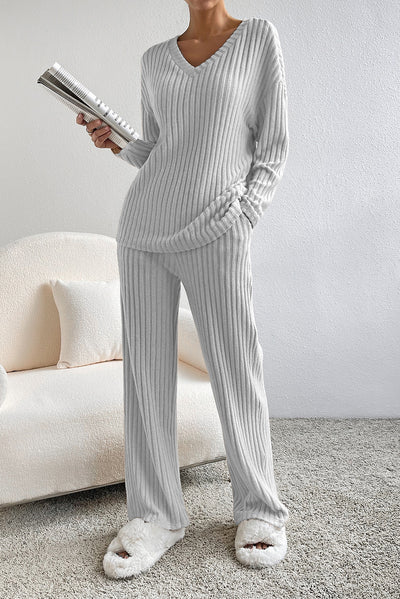 Light Grey Ribbed Knit V Neck Slouchy Two-piece Outfit-Loungewear-MomFashion