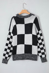 Black Checkered Print Drop Shoulder Sweater-Tops-MomFashion