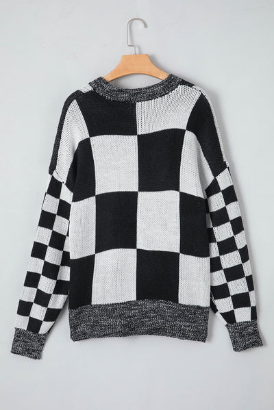 Black Checkered Print Drop Shoulder Sweater-Tops-MomFashion