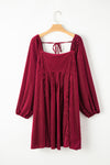 Red Tie Back Square Neck Velvet Babydoll Dress-Dresses-MomFashion