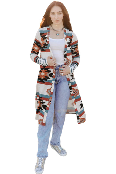 Multicolor Geometric Color Block Open Front Long Cardigan-Tops-MomFashion