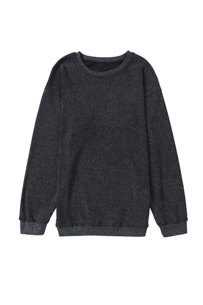 Black Solid Ribbed Knit Round Neck Pullover Sweatshirt-Tops-MomFashion