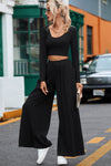 Black Solid Color Ribbed Crop Top Long Pants Set-Loungewear-MomFashion