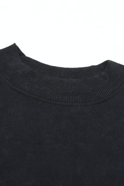 Black Drop Shoulder Crew Neck Pullover Sweatshirt-Tops-MomFashion