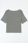 Gray Boatneck Batwing Sleeve Cording Blouse-Tops-MomFashion