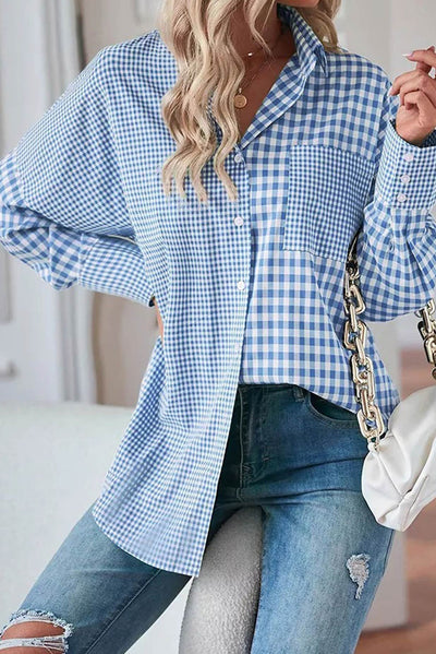 Sky Blue Stripe Plaid Patchwork Button up Long Sleeve Shirt-Tops/Blouses & Shirts-MomFashion