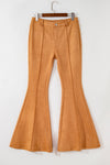 Brown Exposed Seam Flare Suede Pants with Pockets-Bottoms-MomFashion