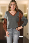 Brown V Neck Color Block Patchwork Loose Pullover-Tops-MomFashion