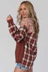 Fiery Red Floral Plaid Mixed Print Bishop Sleeve Patchwork Top-Tops-MomFashion