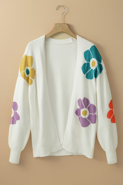 White Flower Jacquared Bubble Sleeve Open Cardigan-Tops-MomFashion