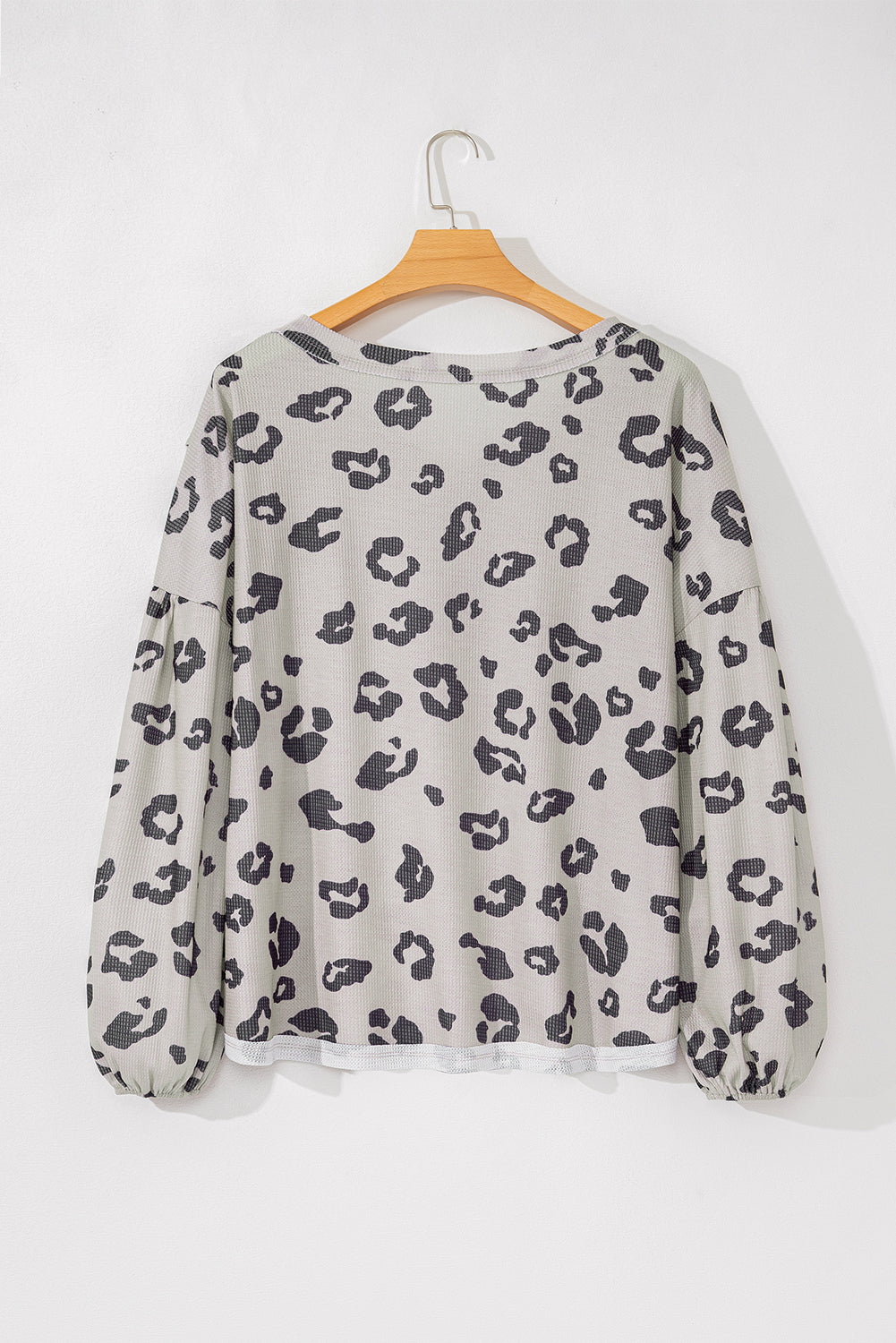 Gray Printed Leopard Balloon Sleeve Thermal Knit Plus Size Top-Plus Size-MomFashion