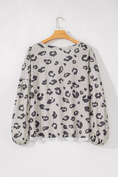 Gray Printed Leopard Balloon Sleeve Thermal Knit Plus Size Top-Plus Size-MomFashion