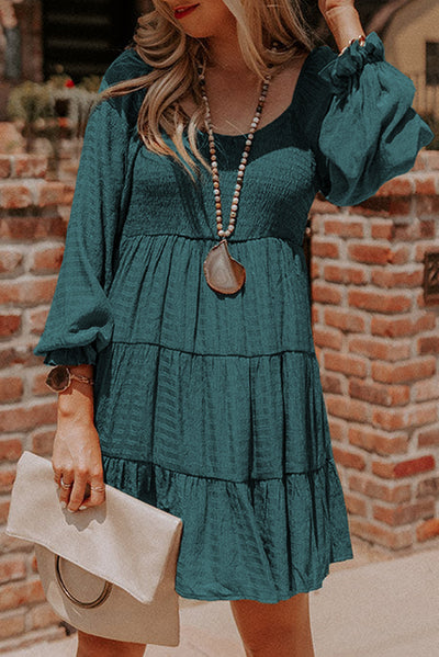 Mist Green Bishop Sleeve Smocked Tiered Mini Dress-Dresses-MomFashion