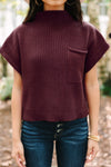 Mineral Red Patch Pocket Ribbed Knit Short Sleeve Sweater-Tops-MomFashion