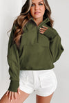 Green Zip Up Stand Collar Ribbed Thumbhole Sleeve Sweatshirt-Tops-MomFashion