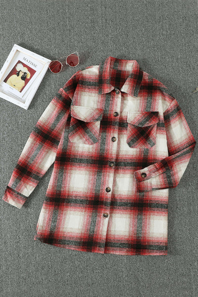 Red Turn down Neck Plaid Pocket Button Closure Coat-Outerwear-MomFashion