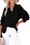 Black Crinkle Textured Loose Henley Top-Tops-MomFashion