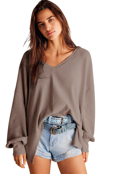 Coffee Waffle V Neck Long Sleeve Drop Shoulder Loose Blouse-Tops/Blouses & Shirts-MomFashion