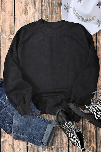 Black Drop Shoulder Crew Neck Pullover Sweatshirt-Tops-MomFashion