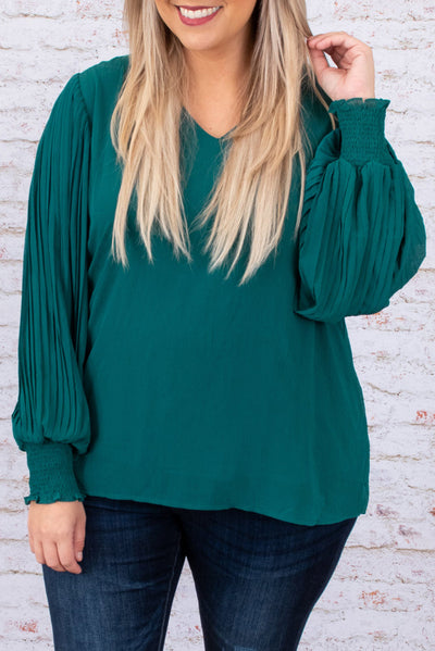 Green Pleated Bubble Sleeve Plus Size Blouse-Plus Size-MomFashion