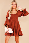 Brown Boho Solid Shirred Ruffle Mini Dress-Dresses-MomFashion