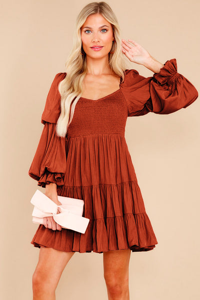 Brown Boho Solid Shirred Ruffle Mini Dress-Dresses-MomFashion