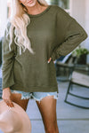 Green Waffle Knit High Slits Oversized Top-Tops-MomFashion