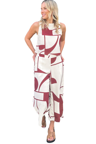 White Abstract Printed Button Back Vest and Wide Leg Pants Set-Loungewear-MomFashion