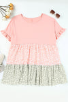 Pink Ruffled Short Sleeve Leopard Splicing Flowy Plus Size Top-Plus Size-MomFashion