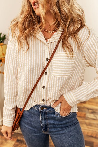 Stripes Chest Pocket Crinkled Shirt-Tops-MomFashion