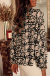 Black Floral Print Split Neck Pleated Puff Sleeve Blouse-Tops-MomFashion