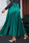 Blackish Green Satin Elastic Waist Pleated Maxi Skirt-Bottoms-MomFashion