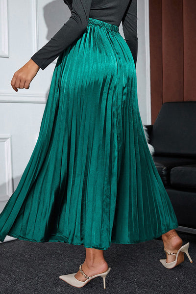 Blackish Green Satin Elastic Waist Pleated Maxi Skirt-Bottoms-MomFashion