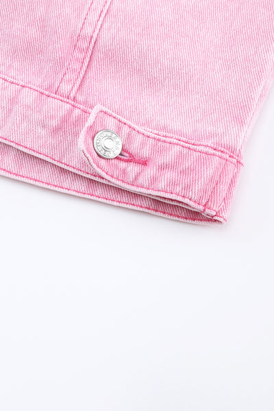 Pink Acid Wash Button Flap Pocket Denim Jacket-Outerwear-MomFashion