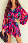 Fiery Red Abstract Printed Belted Puff Sleeve Mini Dress-Dresses-MomFashion