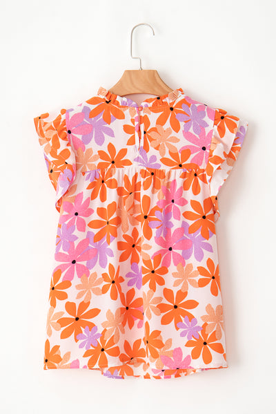 Orange Ruffled Sleeve Smocked Floral Top-Tops-MomFashion