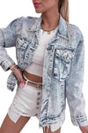 Mist Blue Retro Rhinestone Fringed Collar Light Wash Denim Jacket-Outerwear-MomFashion