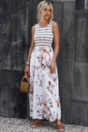 White Striped Floral Print Sleeveless Maxi Dress with Pocket-Dresses-MomFashion