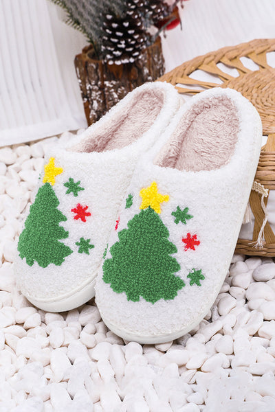 White Fuzzy Christmas Tree Pattern Home Slippers-Shoes & Bags-MomFashion