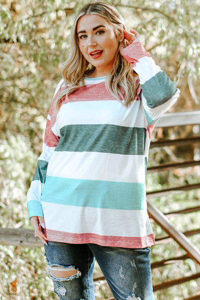 Green Plus Size Colorblock Pullover Top-Plus Size-MomFashion