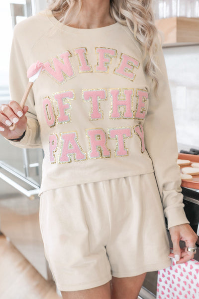 Apricot Letter Print Long Sleeve Top and Shorts Lounge Outfit-Loungewear-MomFashion