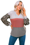 Fiery Red Wild Leopard Contrast Sleeve Colorblock Waffle Knit Top-Tops-MomFashion